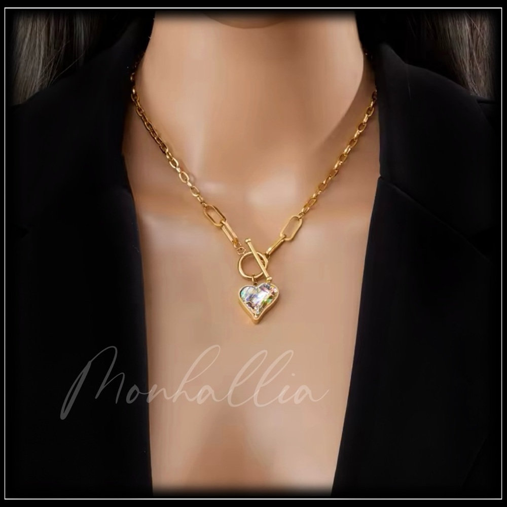 Clearance! AB Crystal Heart Borealis Prism Minimalist Paperclip Chain Necklace - Picture 3 of 6